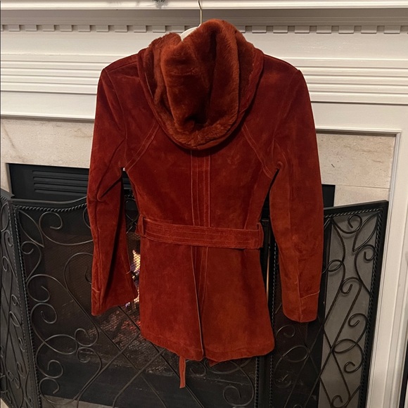 Vintage Burnt Orange Suede Leather Hooded Belted Coat, Fits XXS, Made in Uruguay - Picture 4 of 12